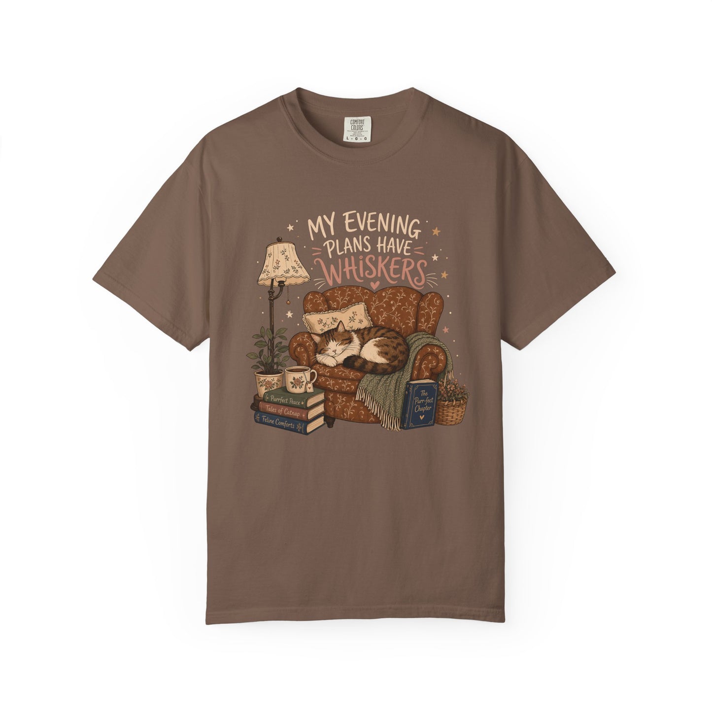 Cozy Cat Reading Tee - "My Evening Is Saved By Whiskers" Garment-Dyed T-Shirt