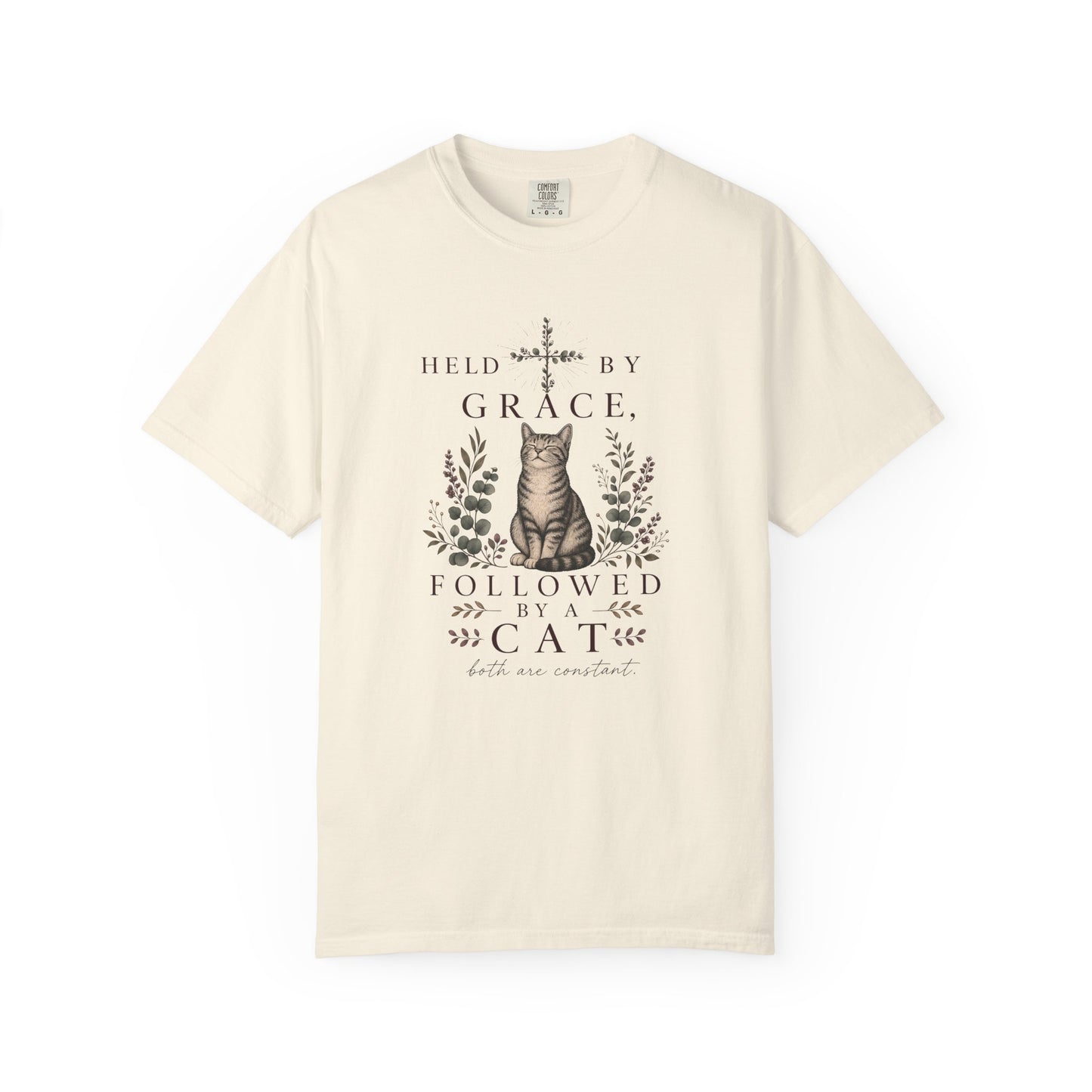 T-Shirt — "Held by Grace, Followed by the Cat" Vintage Cat Faith Tee
