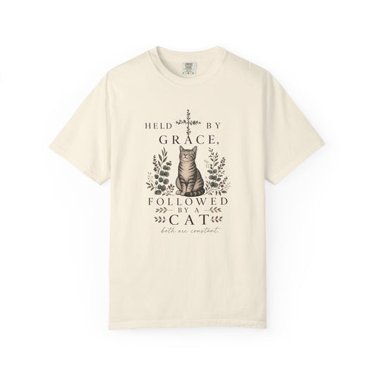 T-Shirt — "Held by Grace, Followed by the Cat" Vintage Cat Faith Tee