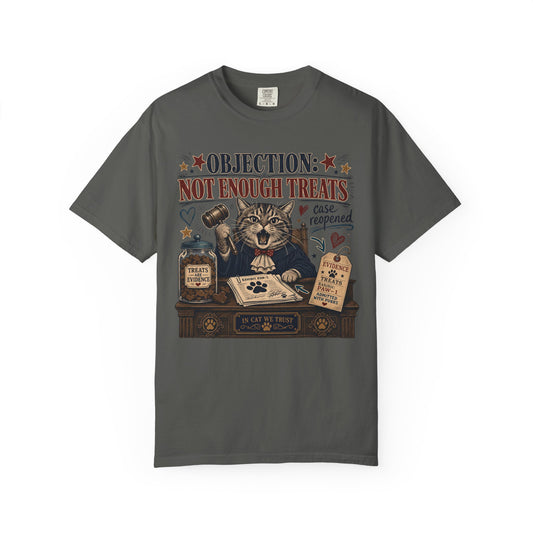 Cat Judge T‑Shirt — “Objection: Not Enough Treats” Novelty Lawyer Cat Tee