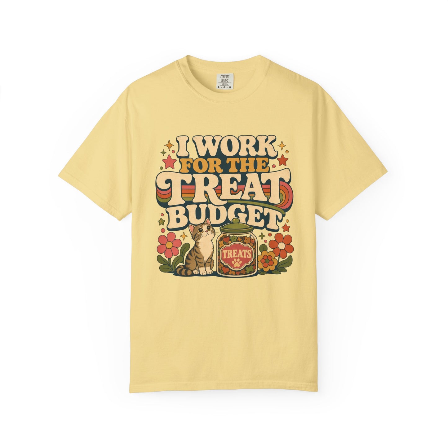 I Work for the Treat Budget T-Shirt — Retro Cat Treats Graphic Tee