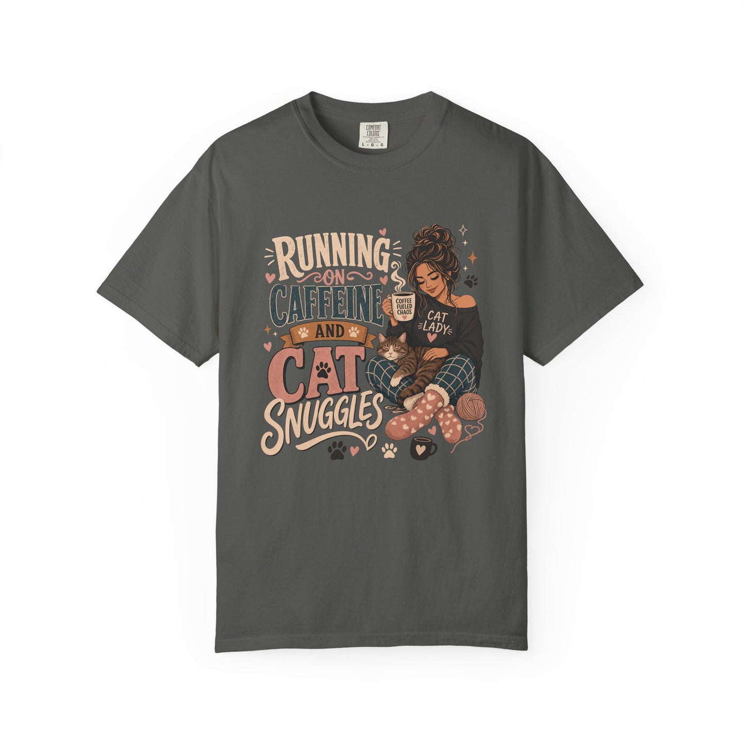 Cat Lover T-Shirt — "Running on Caffeine and Cat Snuggles" Cozy Graphic Tee