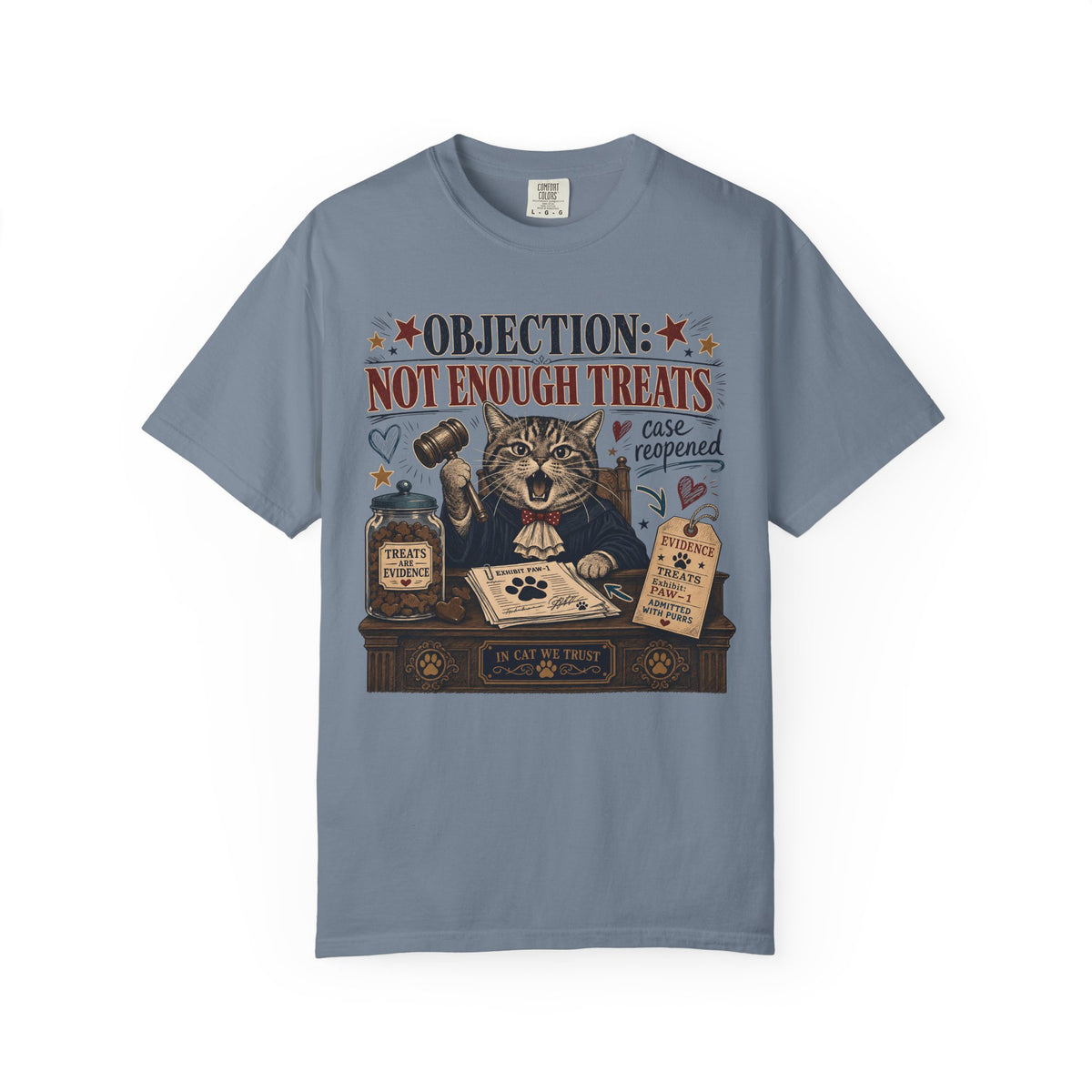Cat Judge T‑Shirt — “Objection: Not Enough Treats” Novelty Lawyer Cat Tee