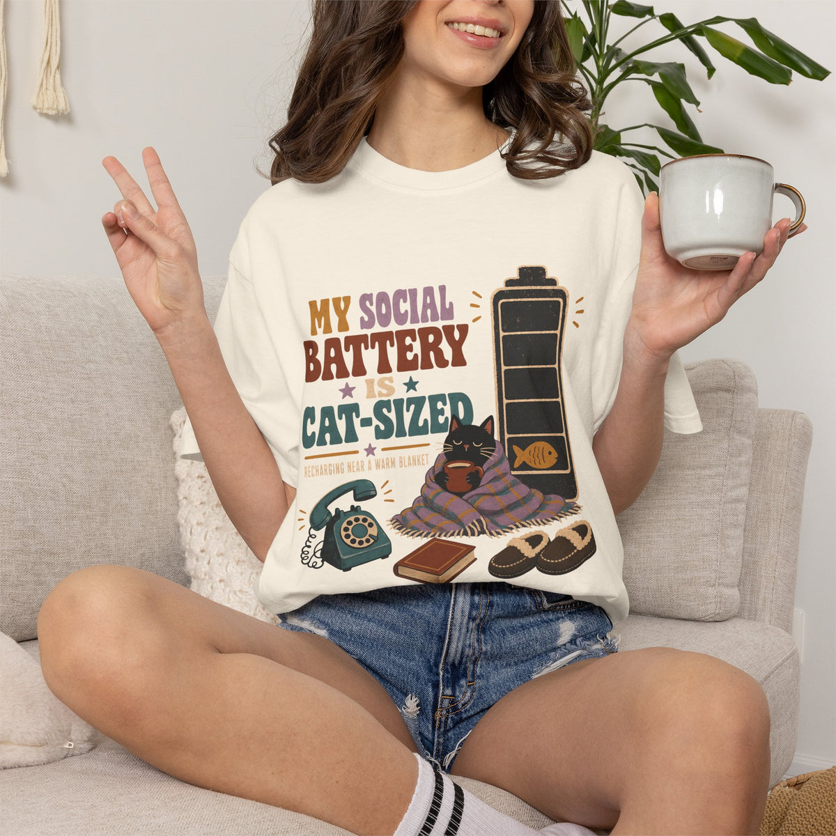 Cat-Sized Social Battery T-Shirt — Introvert Cat Graphic Tee