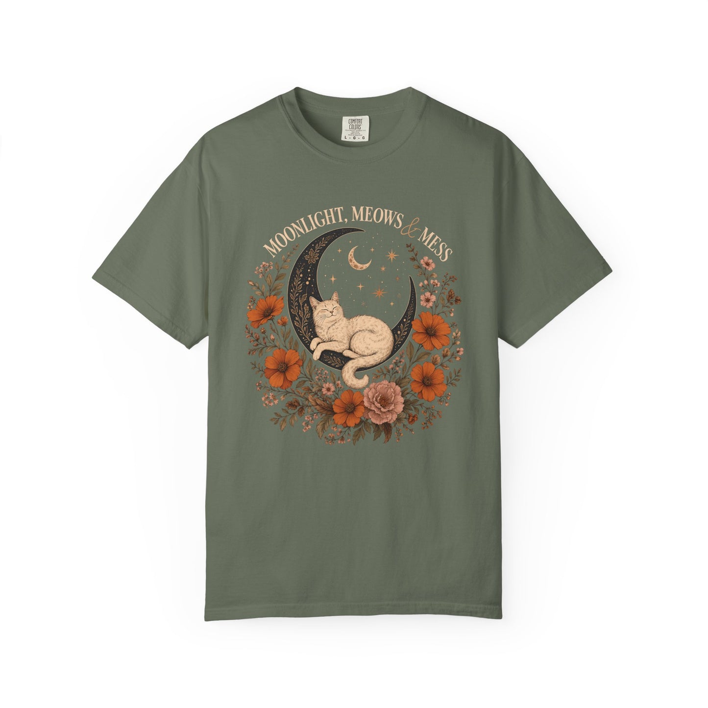 Moonlight Meow Cat T-Shirt — Floral Crescent Moon Graphic Tee