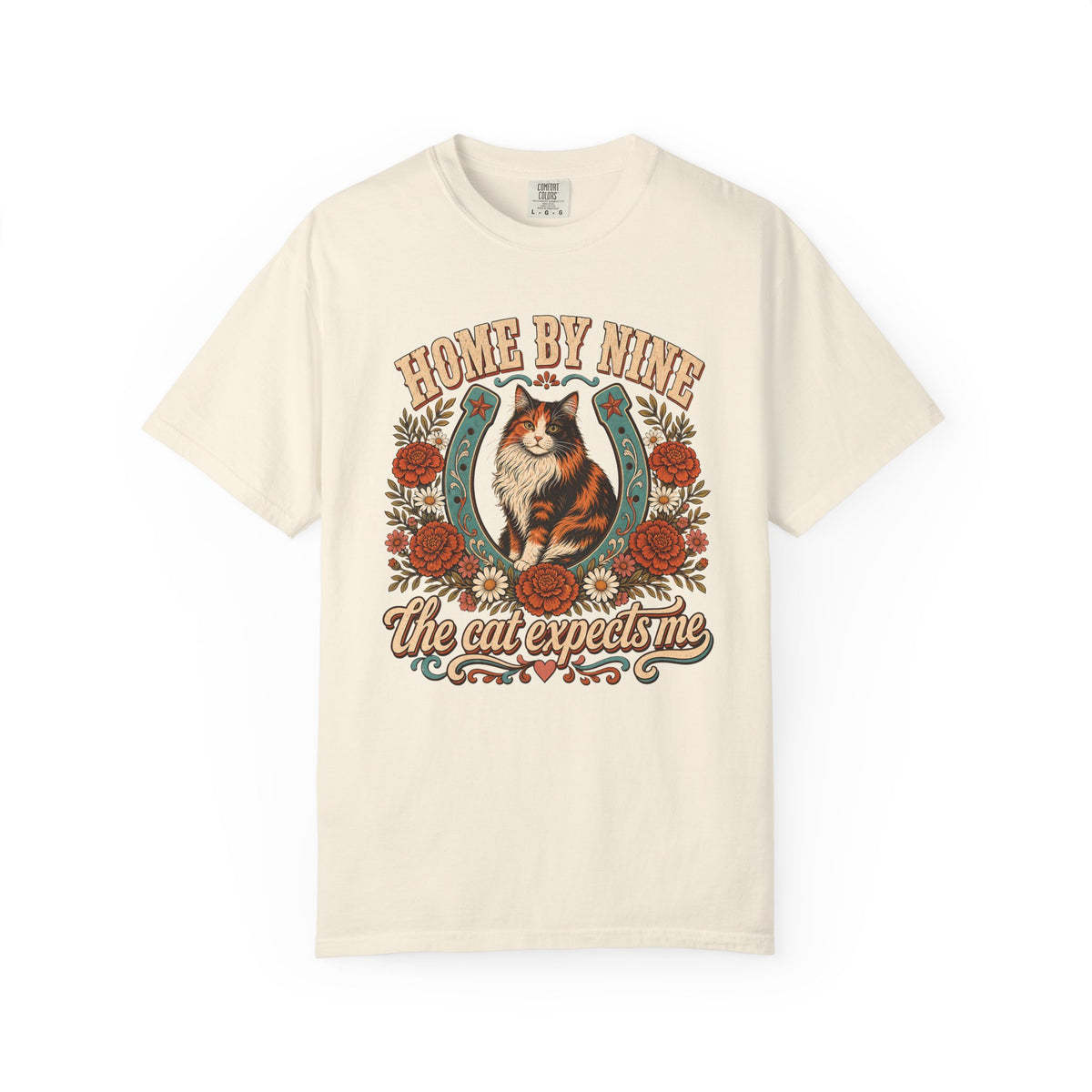 Cat Lover T-Shirt — “Home By Nine, The Cat Expects Me” Vintage Floral Design