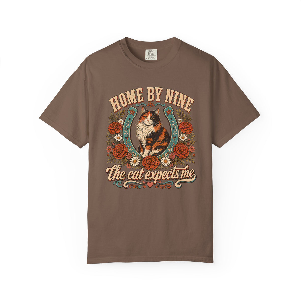 Cat Lover T-Shirt — “Home By Nine, The Cat Expects Me” Vintage Floral Design