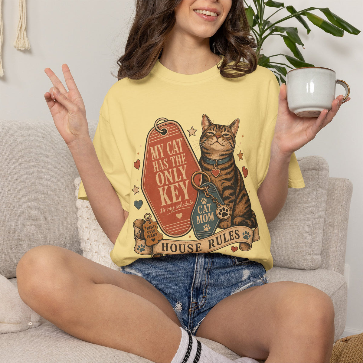 Cat Mom T-Shirt — “My Cat Has The Only Key” Vintage House Rules Tee