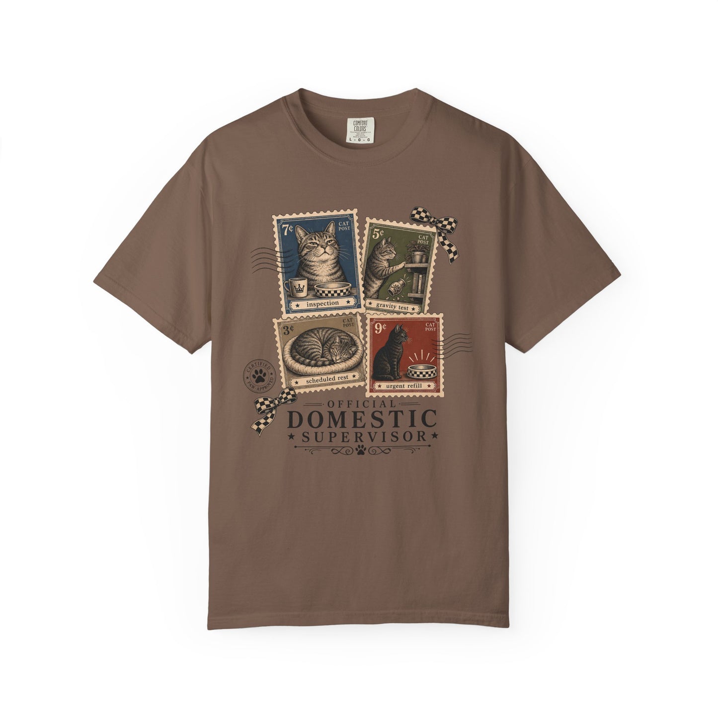 Domestic Supervisor Cat T-Shirt — Vintage Stamp Cat Lover Tee