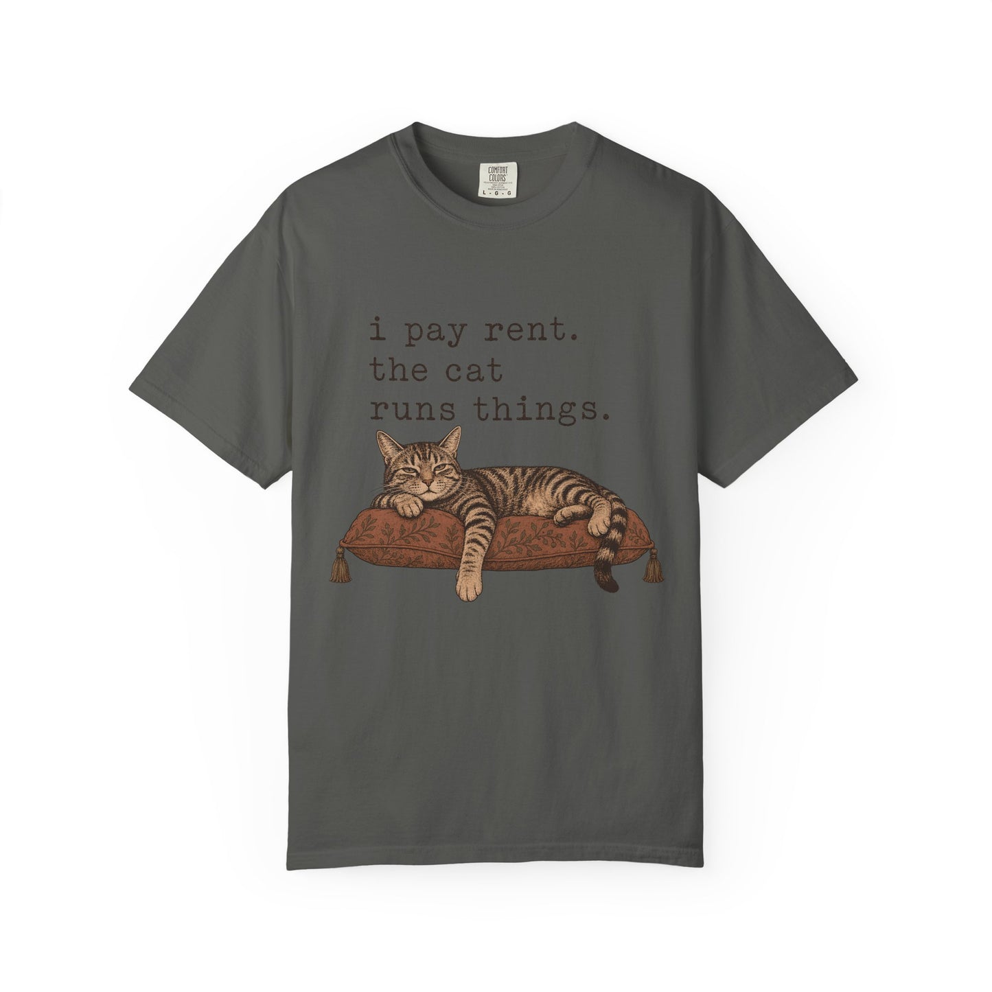 Cat Owner T-Shirt — "I Pay Rent. The Cat Runs Things." Vintage Cat Graphic Tee