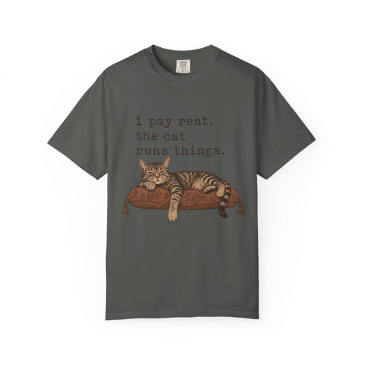 Cat Owner T-Shirt — "I Pay Rent. The Cat Runs Things." Vintage Cat Graphic Tee