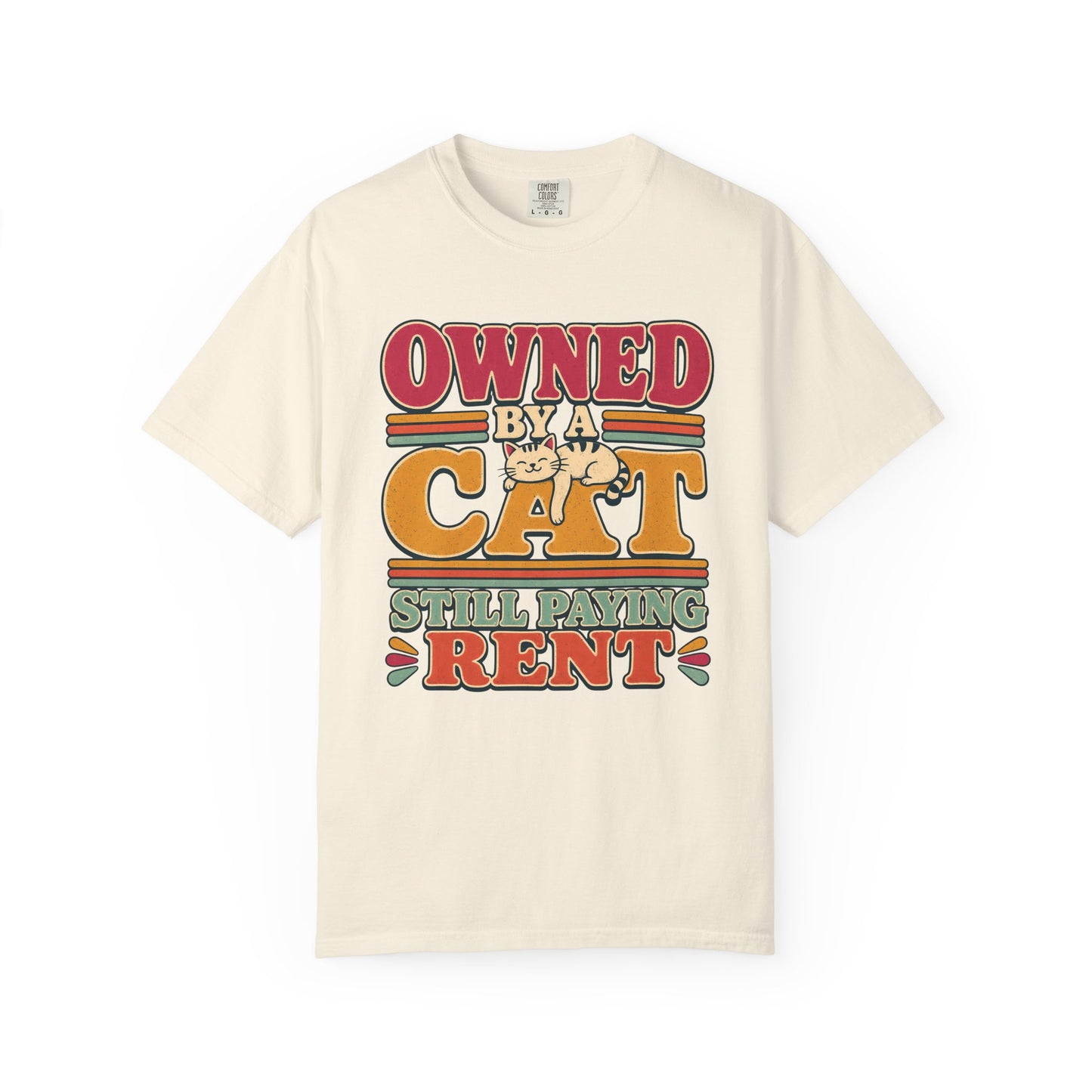 Owned by a Cat T-Shirt — Funny Retro Cat Tee ("Still Paying Rent")
