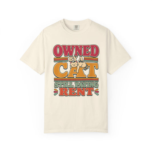 Owned by a Cat T-Shirt — Funny Retro Cat Tee ("Still Paying Rent")
