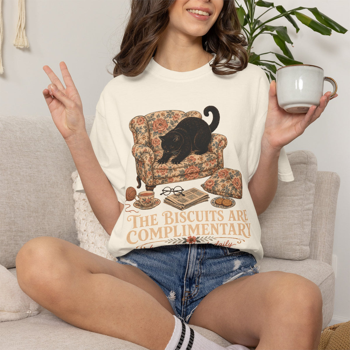 “The Biscuits Are Complimentary” Cat T‑Shirt — Vintage Cozy Graphic Tee
