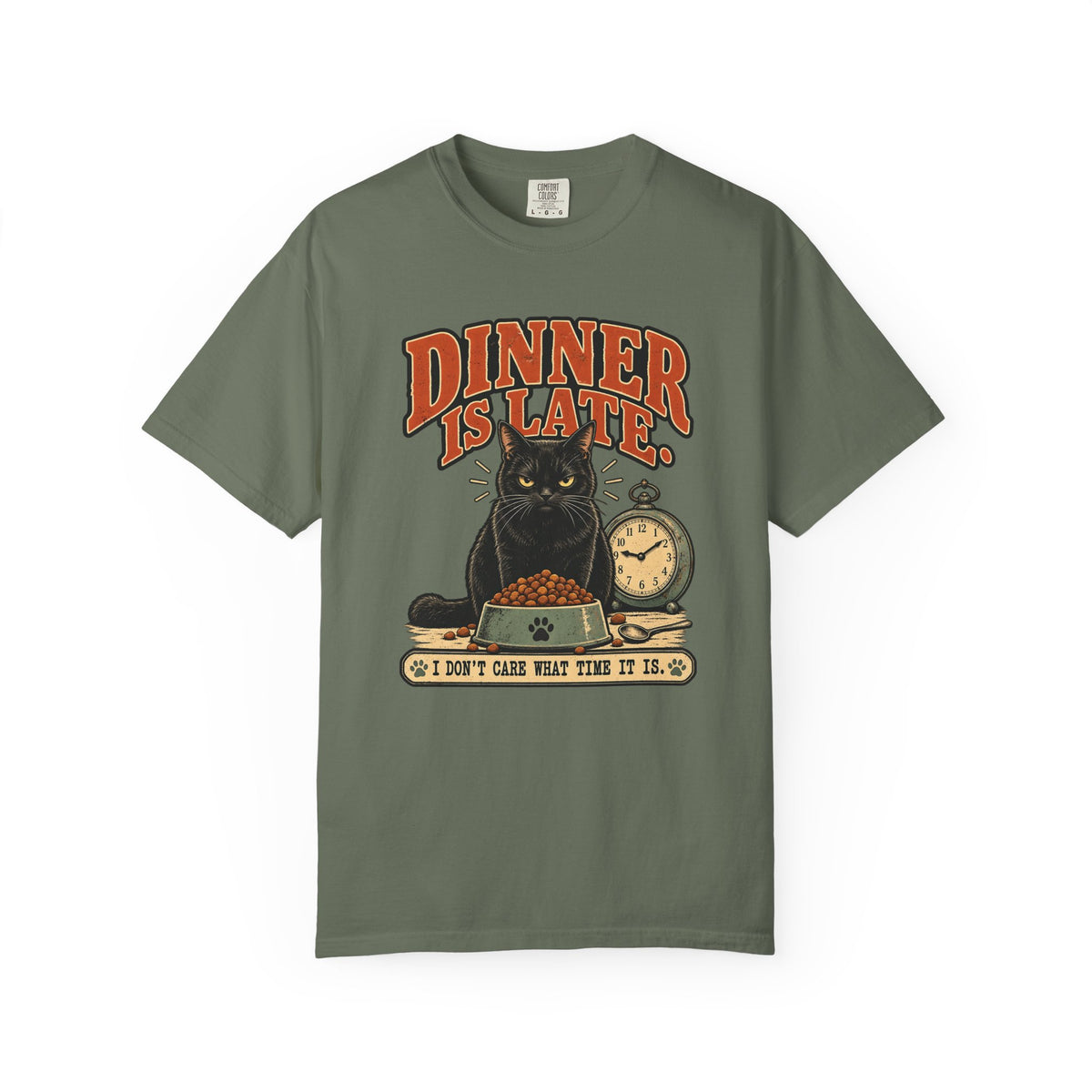 Dinner Is Late Cat T-Shirt — Vintage Cat & Clock Graphic Tee
