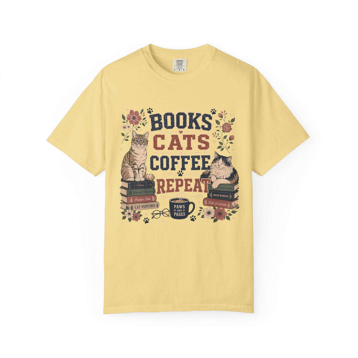 Books • Cats • Coffee Repeat T-Shirt — Cozy Reader Cat Lover Tee