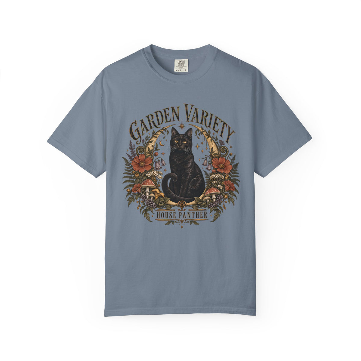 Garden Variety Black Cat T-Shirt — “House Panther” Vintage Floral Tee