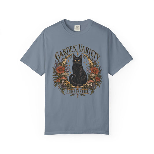 Garden Variety Black Cat T-Shirt — “House Panther” Vintage Floral Tee