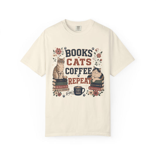Books • Cats • Coffee Repeat T-Shirt — Cozy Reader Cat Lover Tee