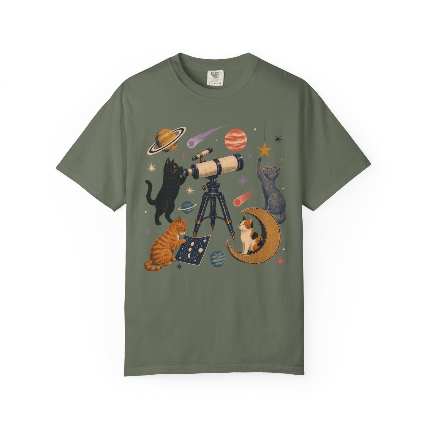 Celestial Cats Telescope T-Shirt — Space Kitty Astronomy Graphic Tee