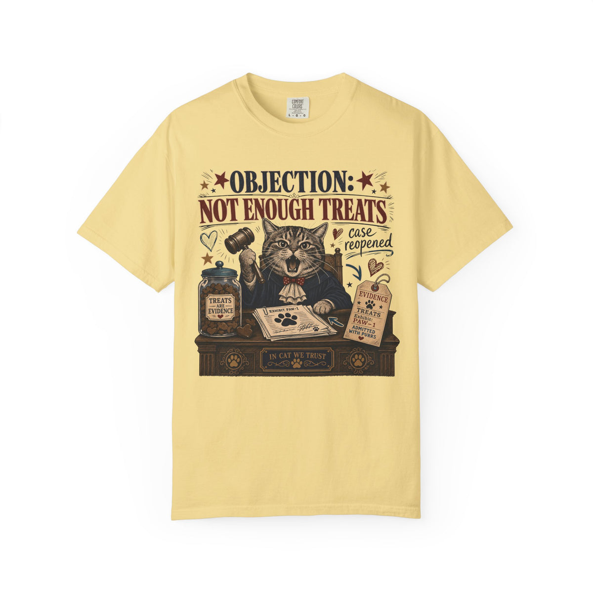 Cat Judge T‑Shirt — “Objection: Not Enough Treats” Novelty Lawyer Cat Tee