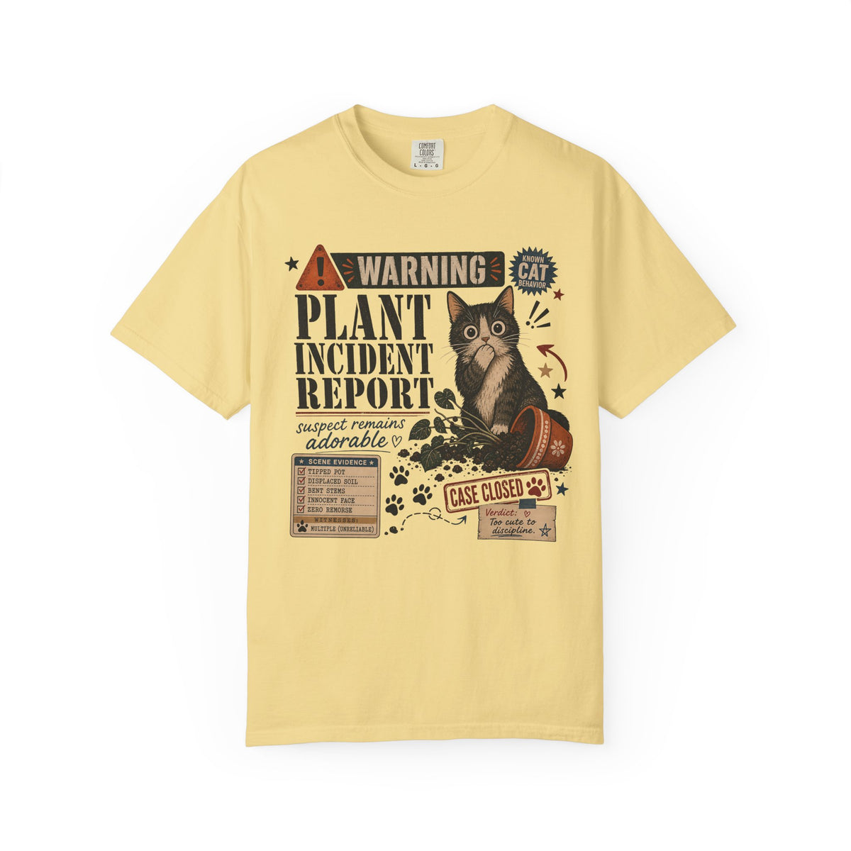 Plant Incident Report Cat T-Shirt – Cute ‘Case Closed’ Gardening Cat Graphic Tee