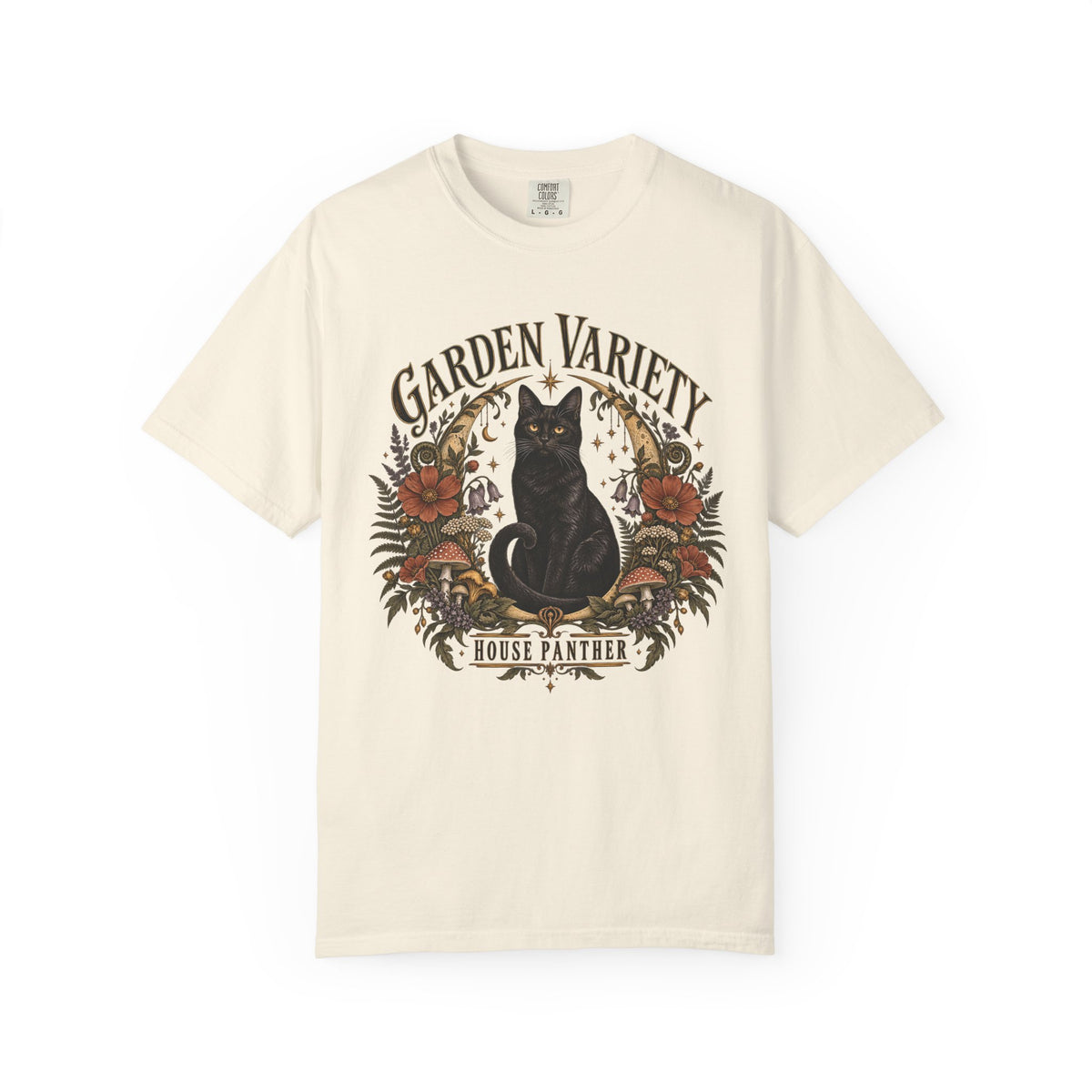 Garden Variety Black Cat T-Shirt — “House Panther” Vintage Floral Tee