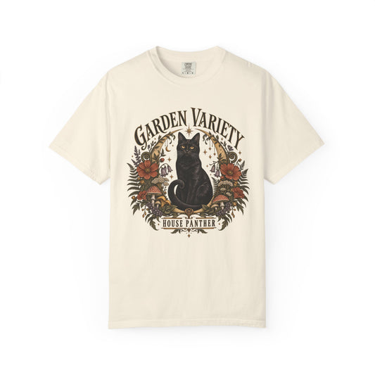 Garden Variety Black Cat T-Shirt — “House Panther” Vintage Floral Tee