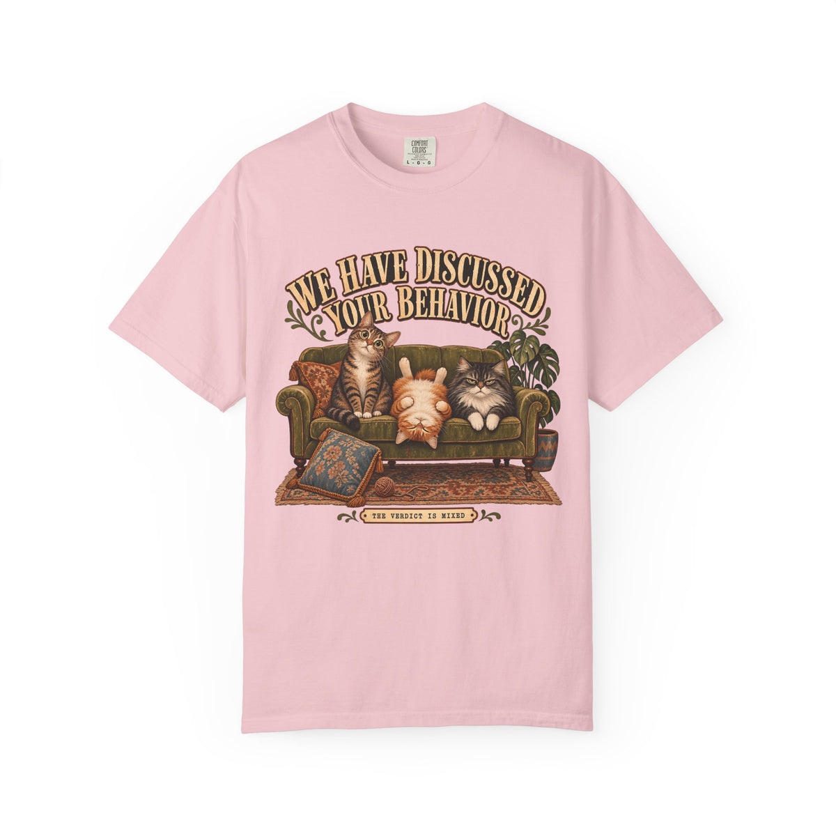 Cat Therapy T-Shirt — "We Have Discussed Your Behavior" Vintage Sofa Graphic