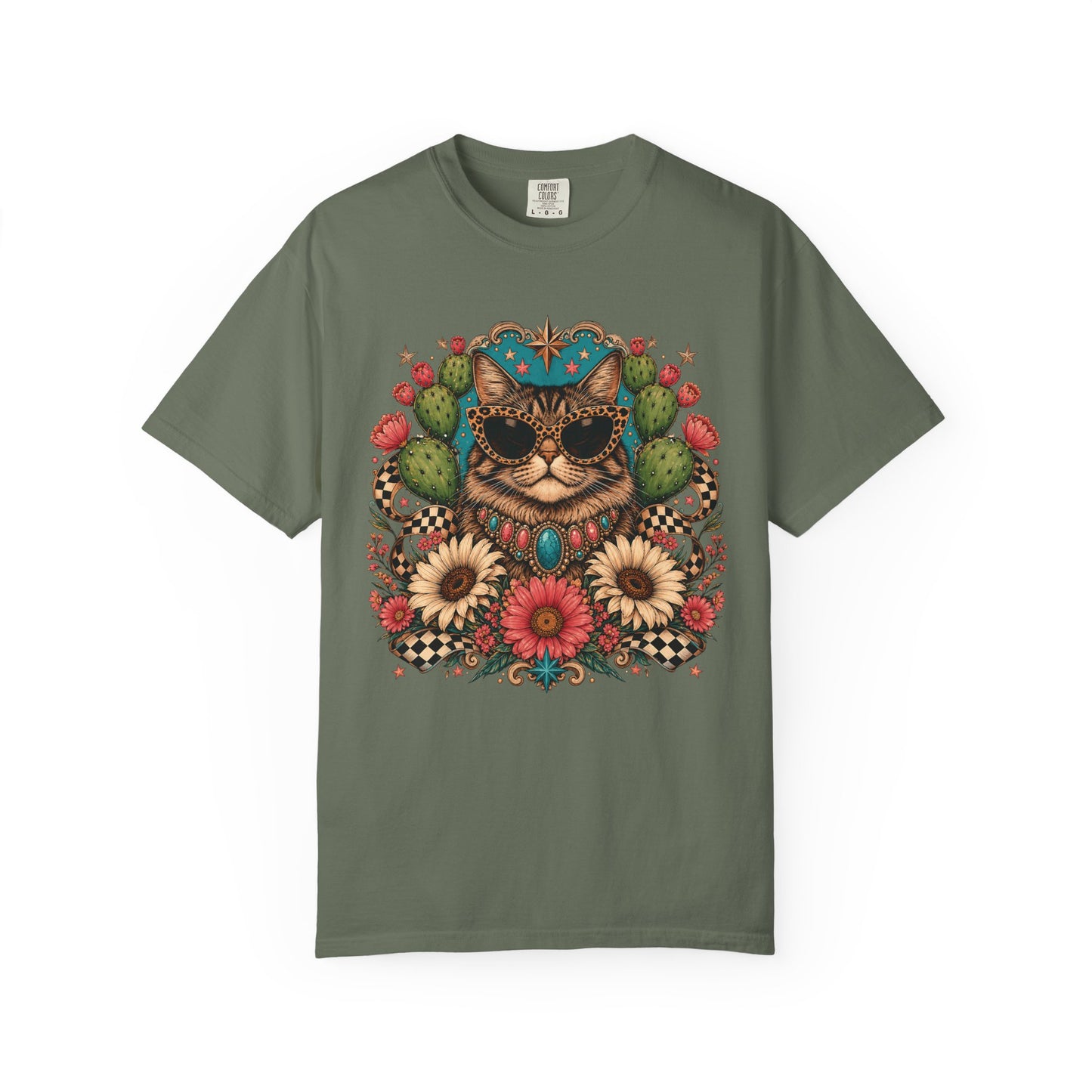 Cat with Sunglasses Floral T-Shirt — Retro Boho Kitty Graphic Tee