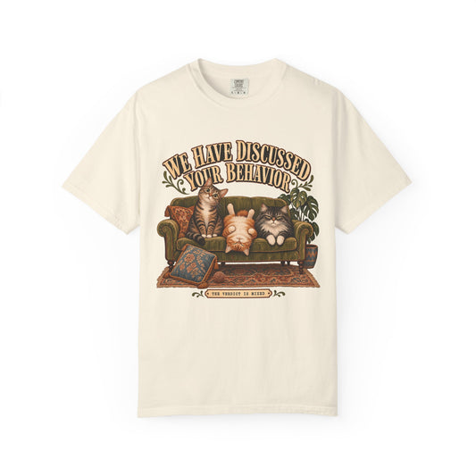 Cat Therapy T-Shirt — "We Have Discussed Your Behavior" Vintage Sofa Graphic