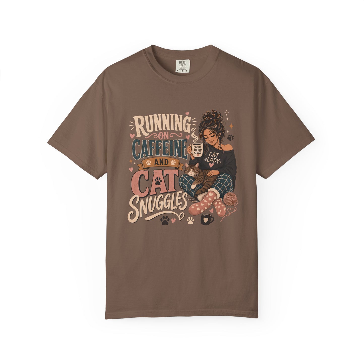 Cat Lover T-Shirt — "Running on Caffeine and Cat Snuggles" Cozy Graphic Tee