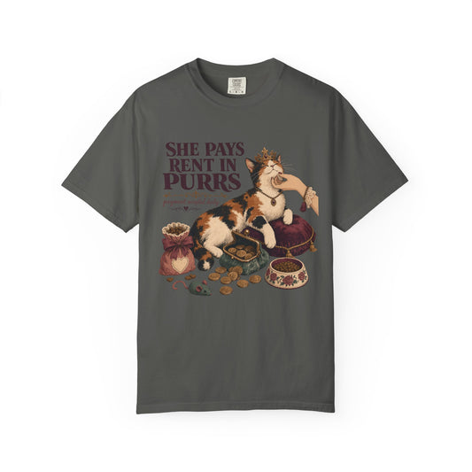 Cat Lover T-Shirt — "She Pays Rent in Purrs" Vintage Cat Illustration