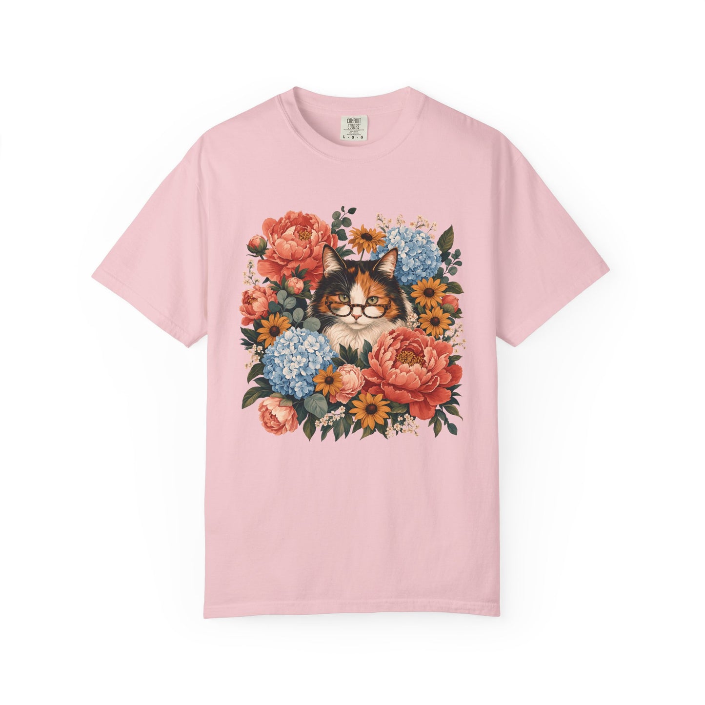 Floral Cat Tee — Vintage Cat in Glasses with Peonies & Hydrangeas