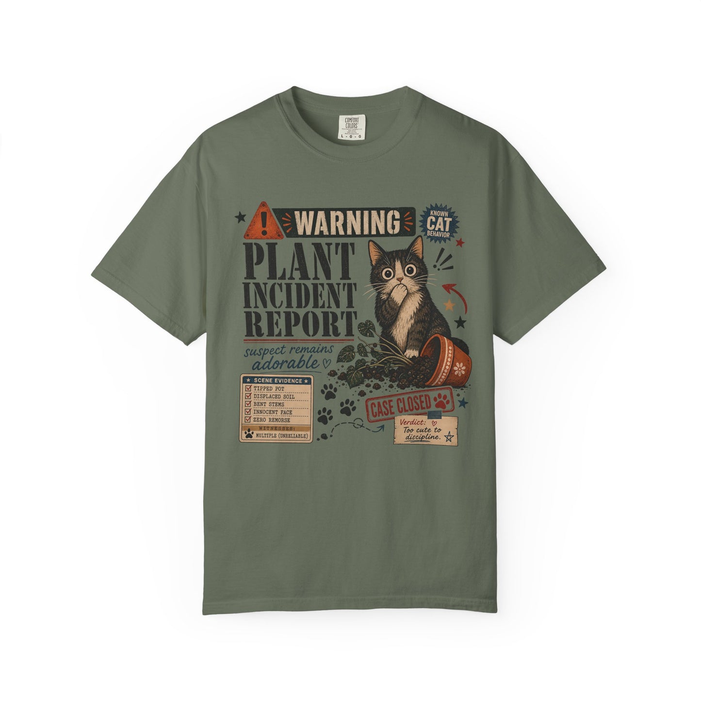 Plant Incident Report Cat T-Shirt – Cute ‘Case Closed’ Gardening Cat Graphic Tee