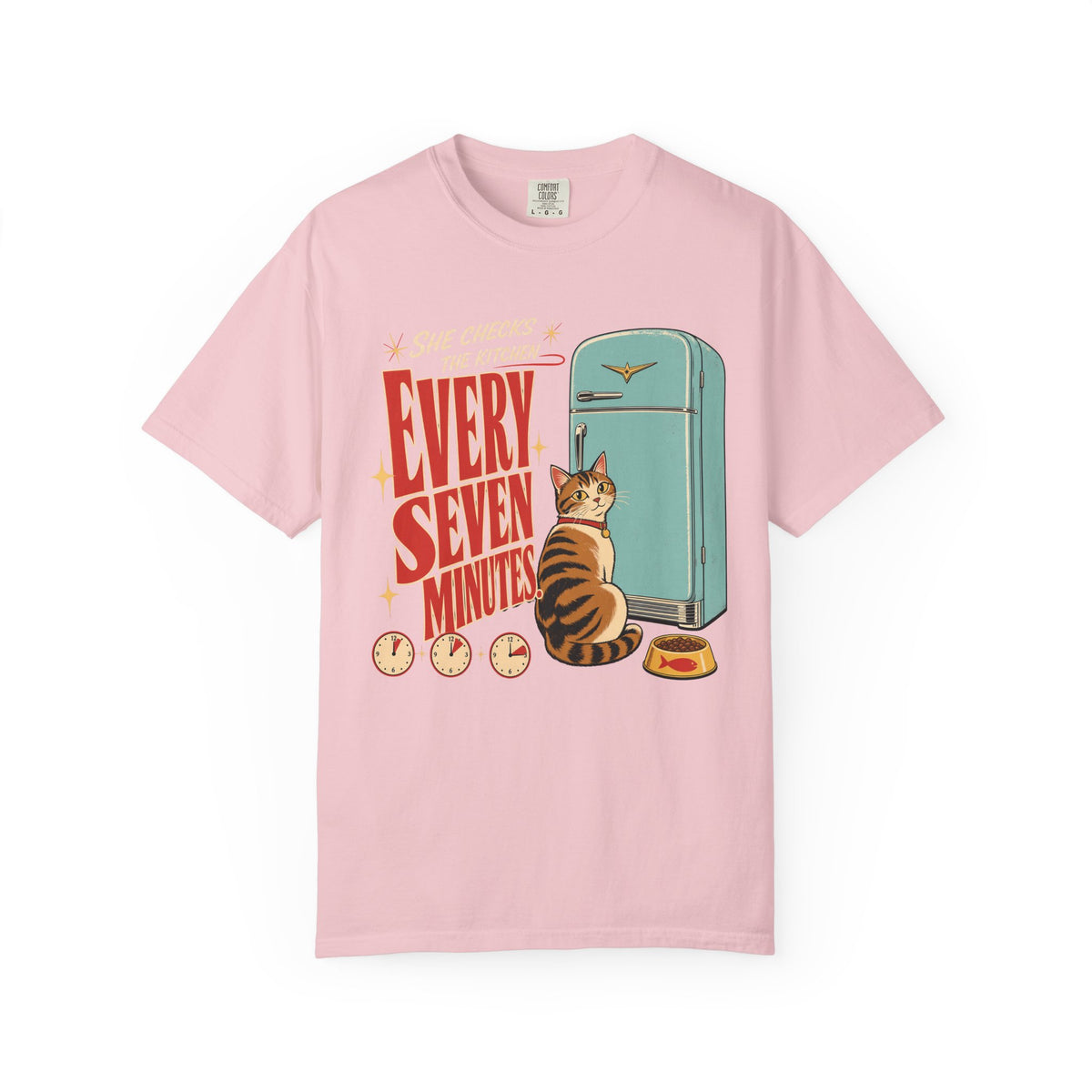Every Seven Minutes Cat T-Shirt – Retro Refrigerator Graphic Tee for Cat Lovers