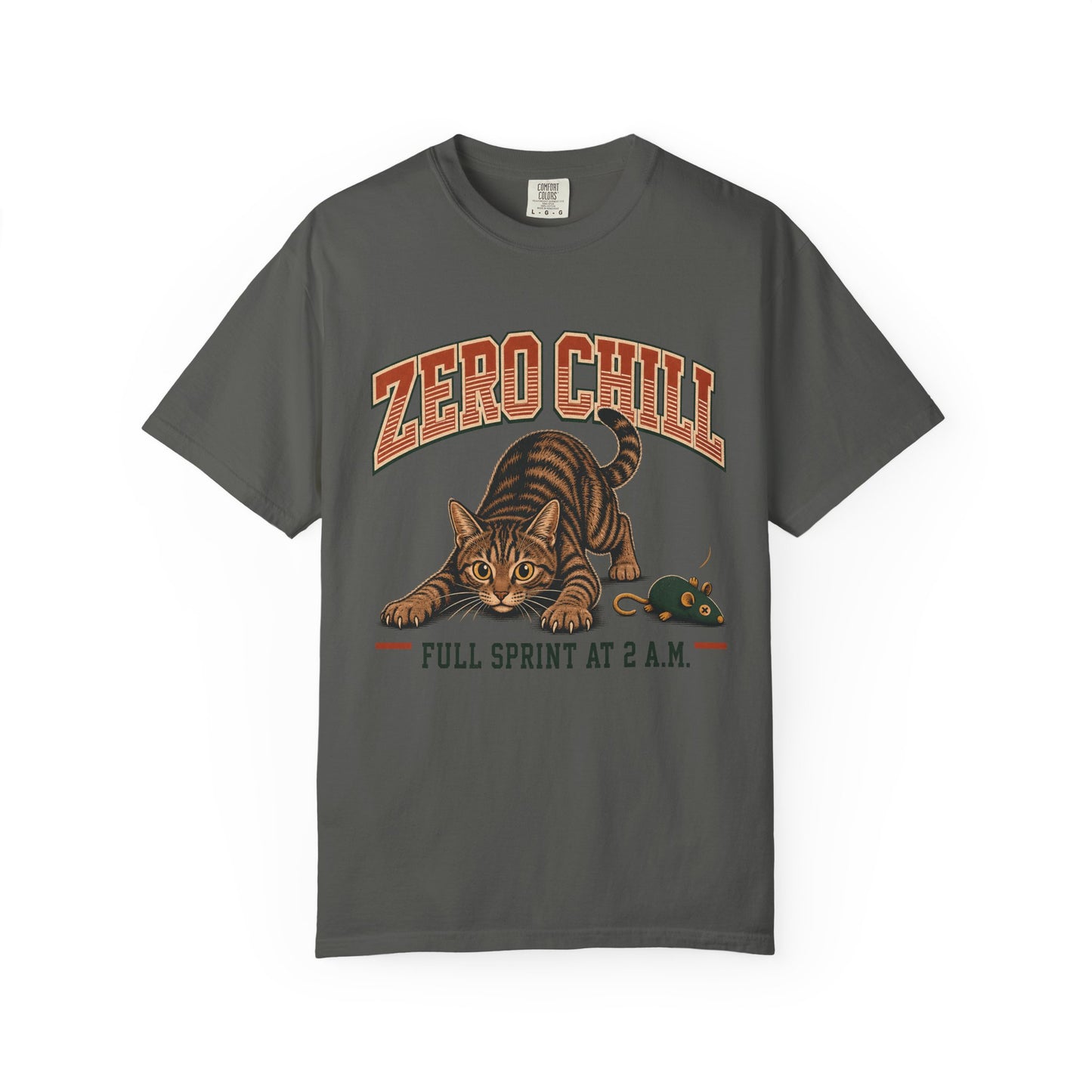 Zero Chill Cat T-Shirt — "Full Sprint at 2 A.M." Graphic Tee