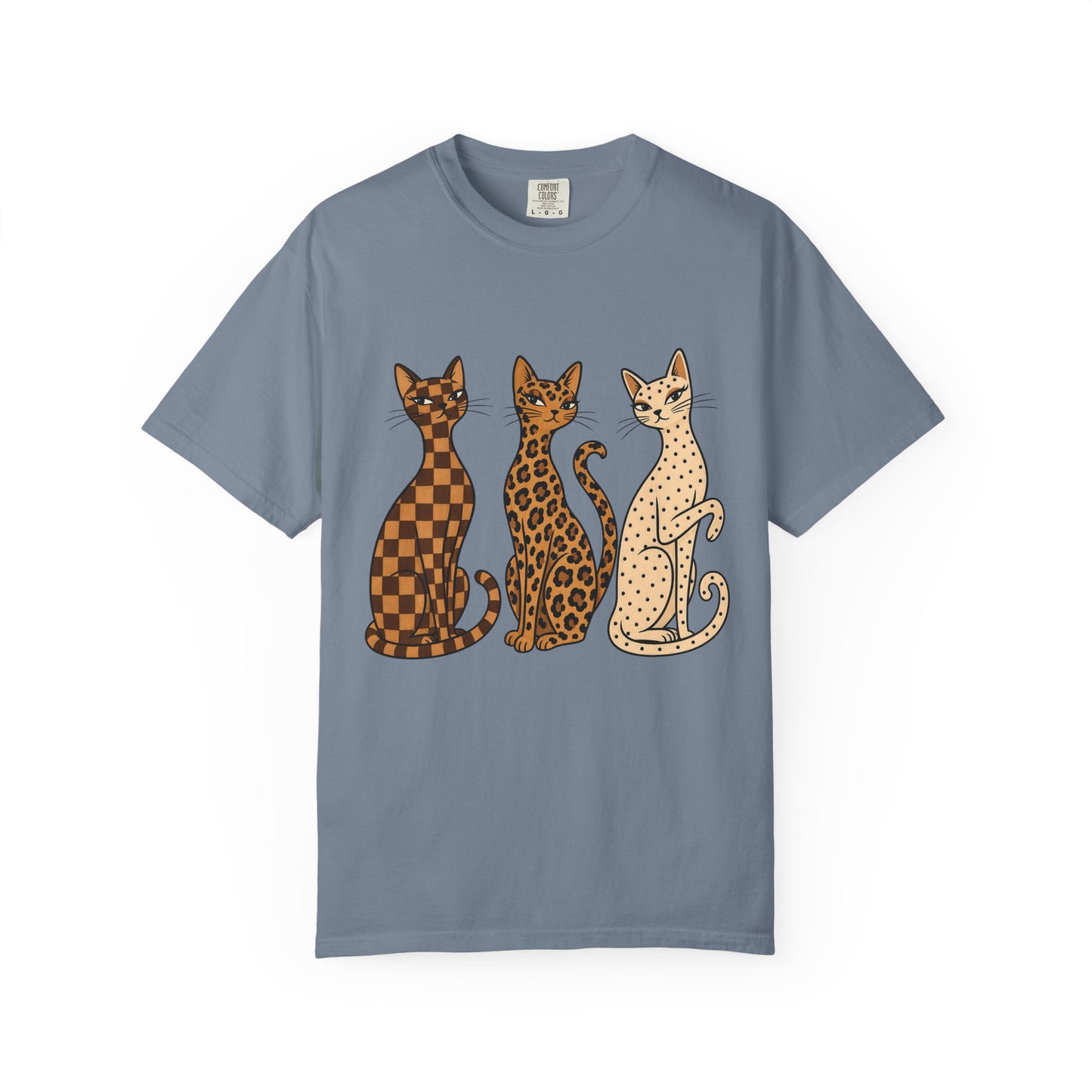 Vintage Cat Trio T-Shirt — Patterned Leopard, Check & Spotted Feline Graphic Tee