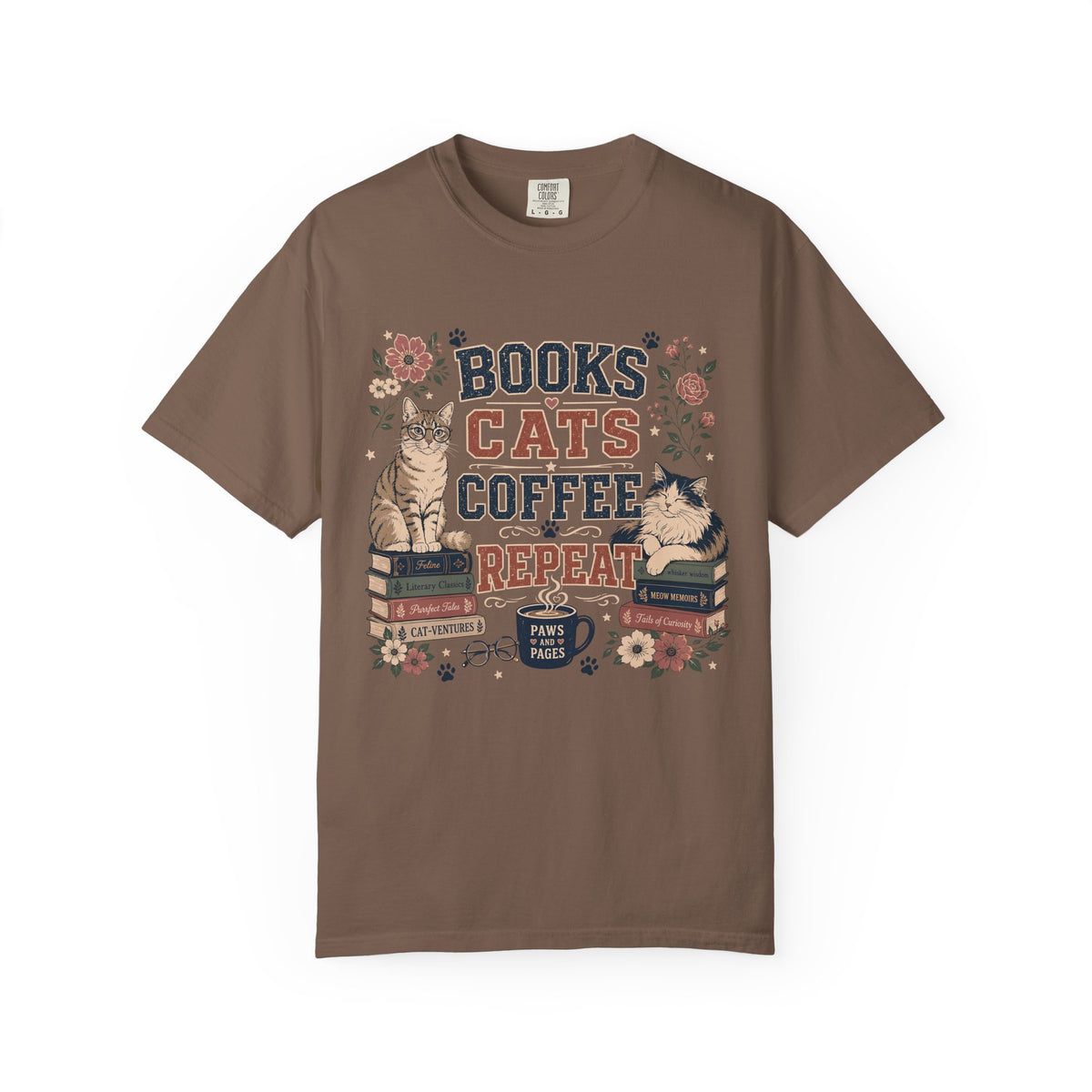 Books • Cats • Coffee Repeat T-Shirt — Cozy Reader Cat Lover Tee
