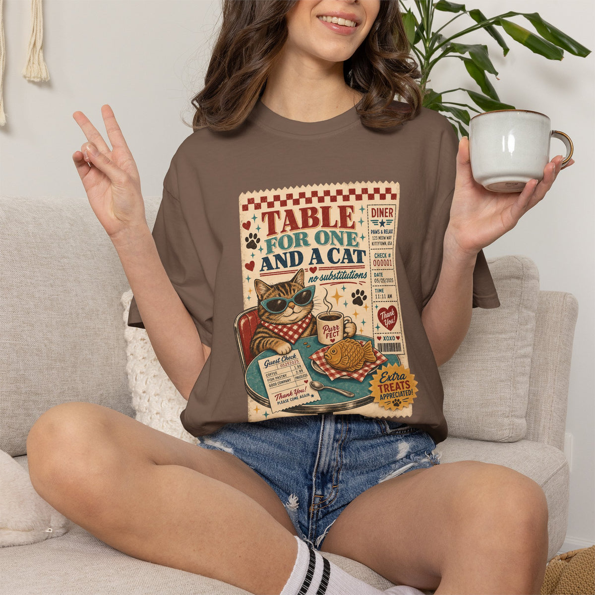 Table for One and a Cat T-Shirt — Retro Diner Cat Lover Tee