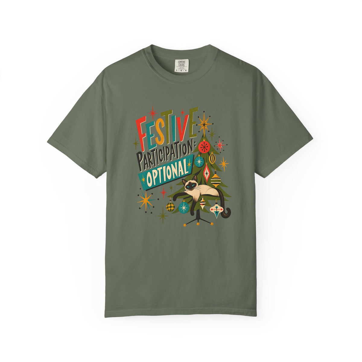 Festive Participation Optional Cat T-Shirt — Retro Christmas Tree Holiday Tee