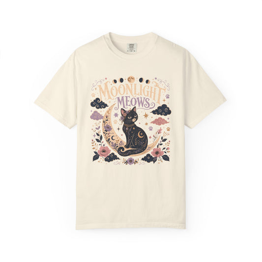 Moonlight Meows T-Shirt — Vintage Black Cat Crescent Moon Tee