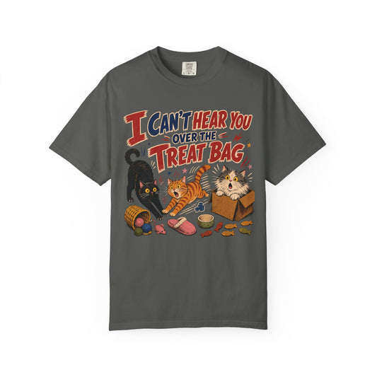 Halloween Cat Treats T-Shirt — "I Can't Hear You Over the Treat Bag" Cute Cat Halloween Tee