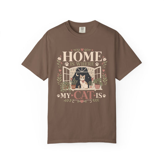 Cat T-Shirt — "Home Is Where My Cat Is" Vintage Floral Tee