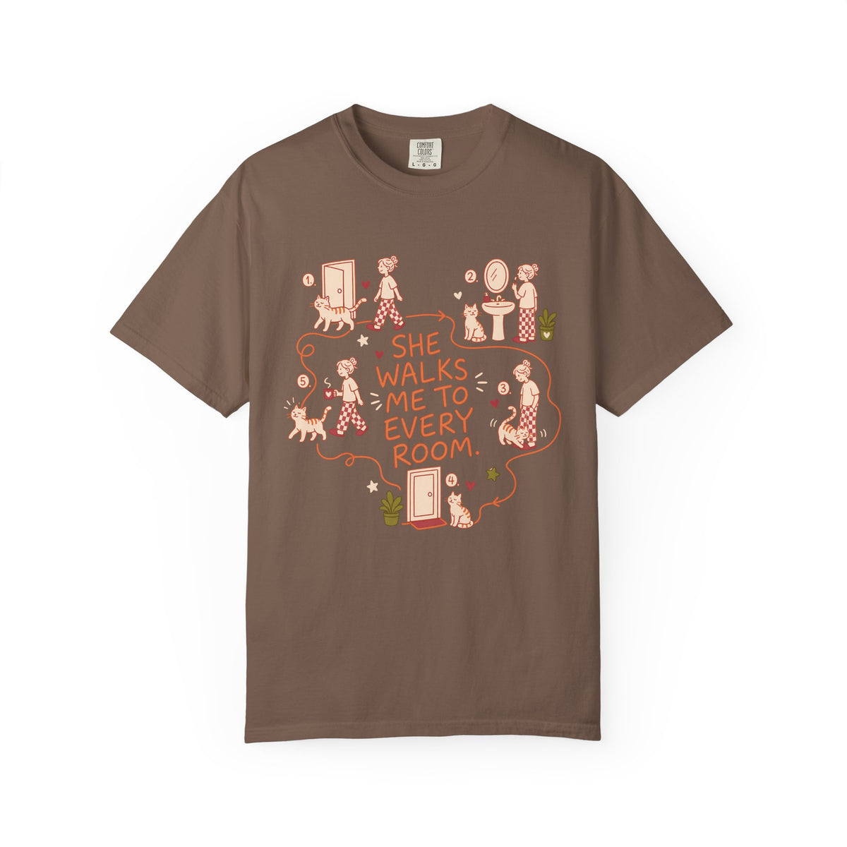 T-Shirt — "She Walks Me to Every Room" Vintage Cat Lover Tee