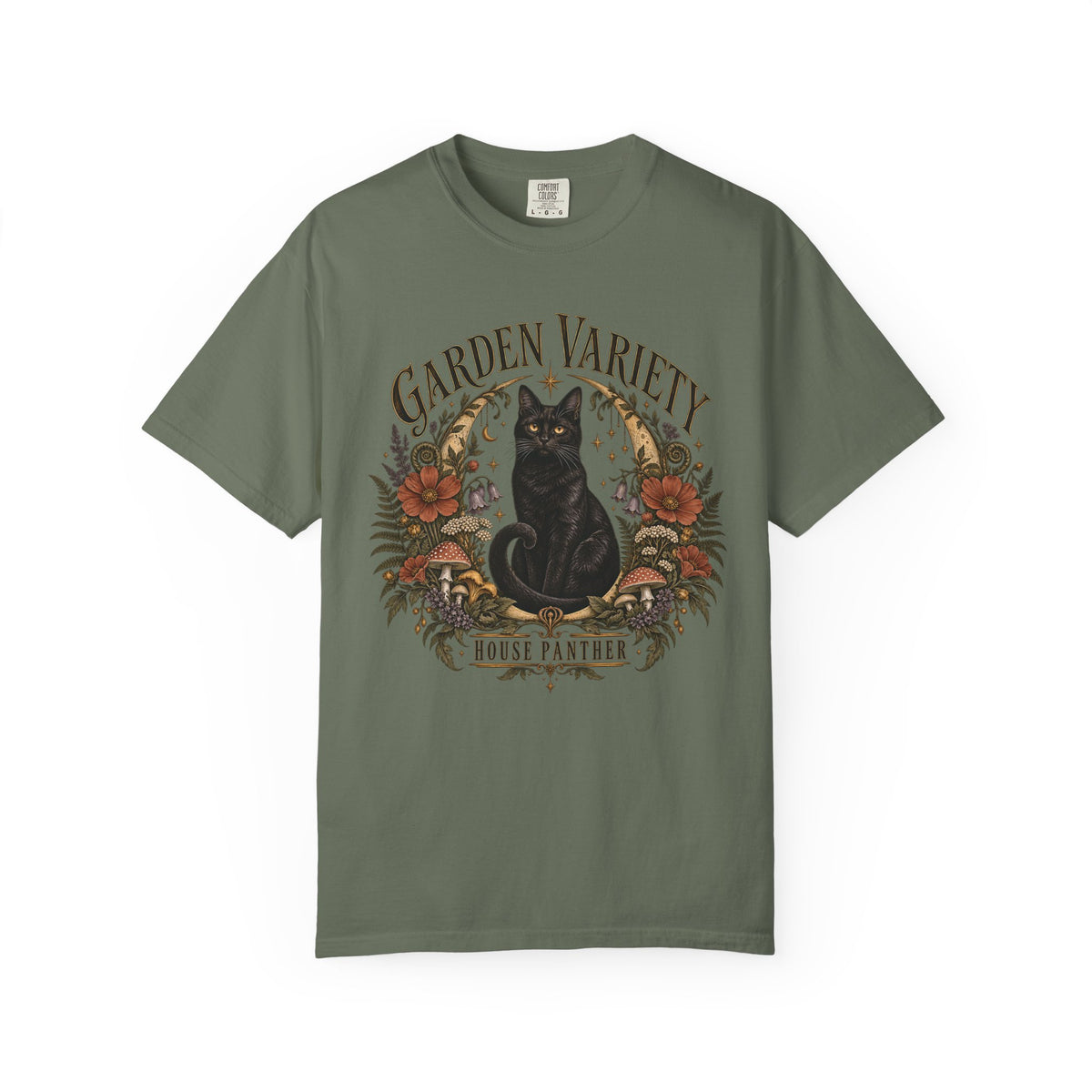 Garden Variety Black Cat T-Shirt — “House Panther” Vintage Floral Tee