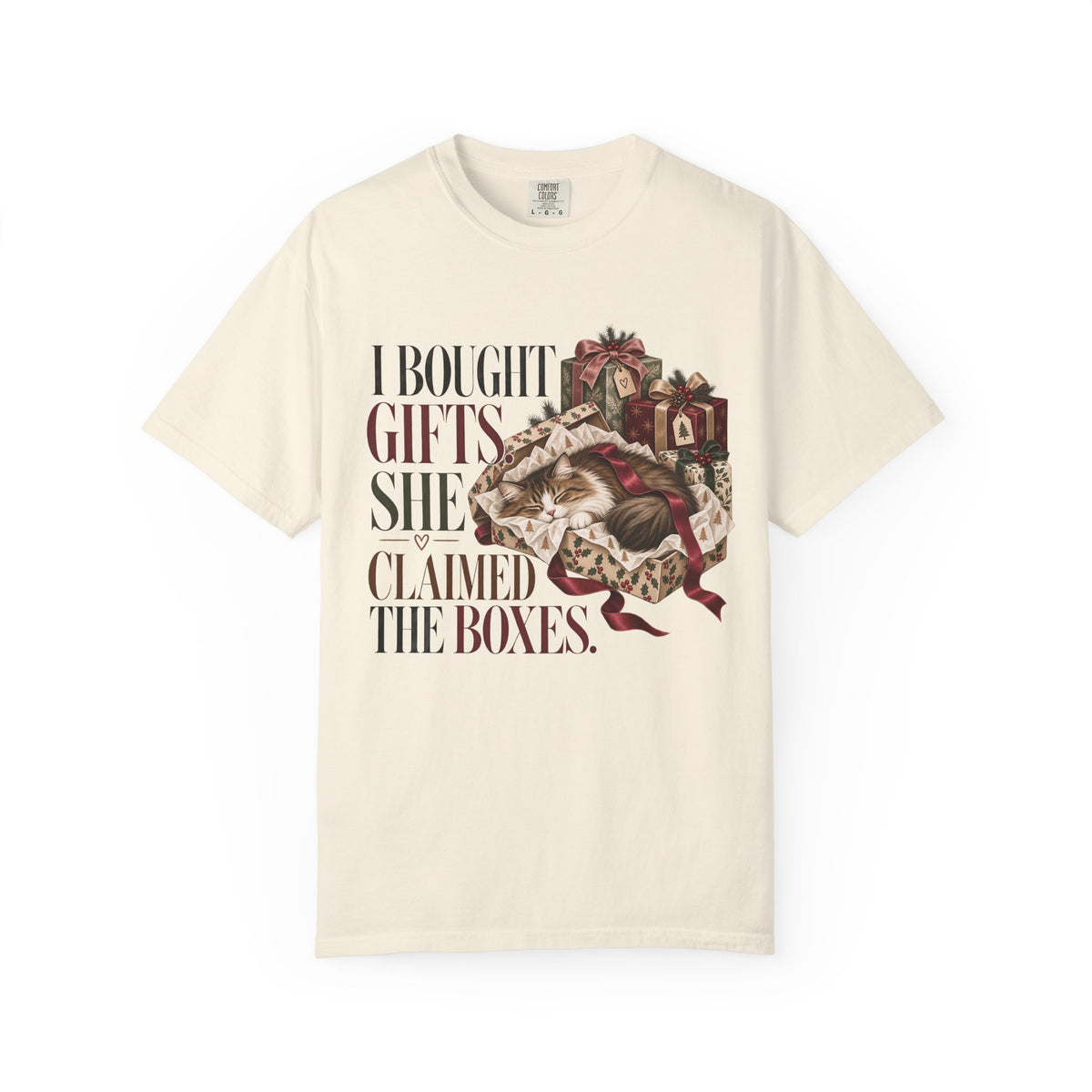 Holiday Cat T-Shirt — "I Bought Gifts, She Claimed the Boxes" Funny Christmas Tee