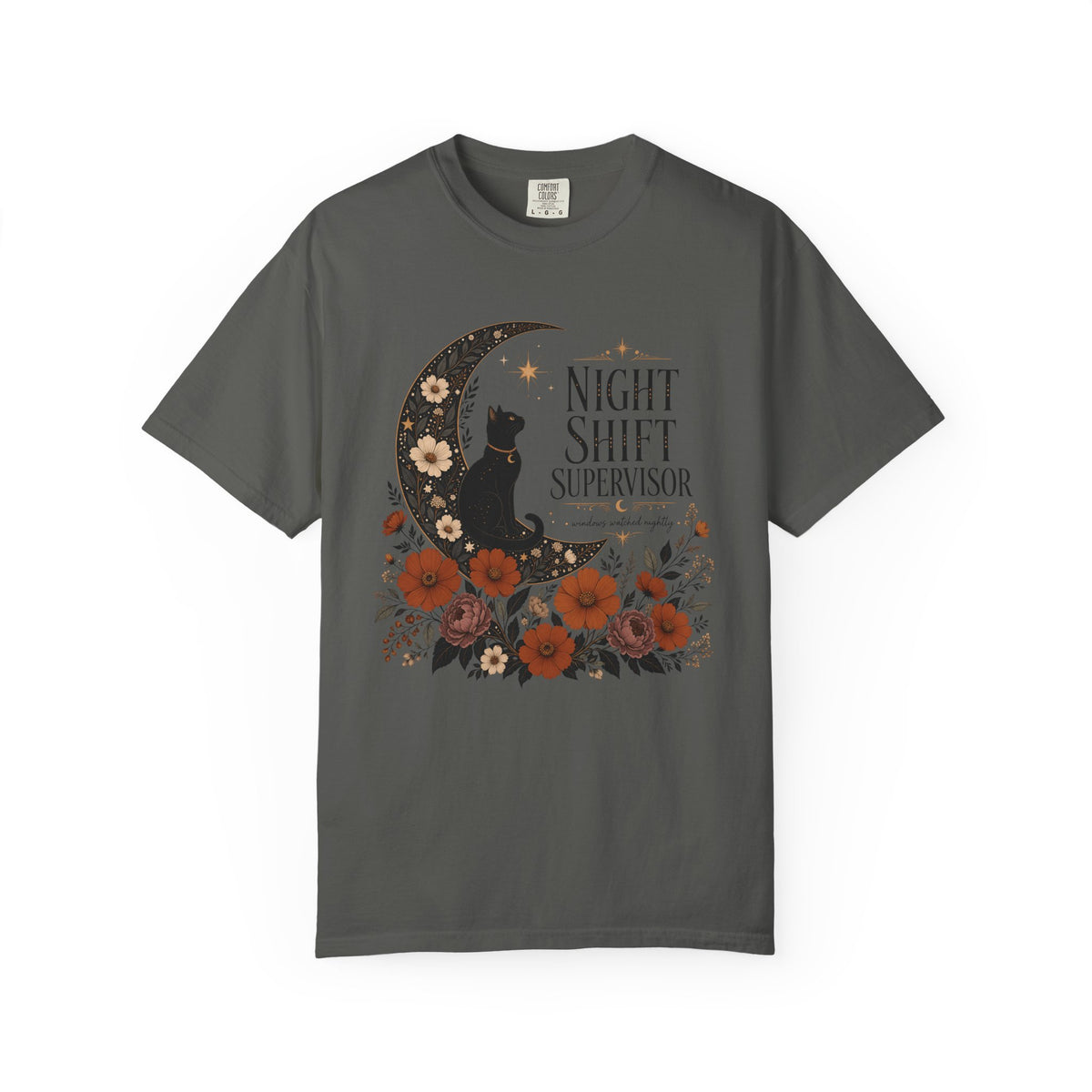 Night Shift Supervisor T-Shirt — Moon Cat Floral Crew Tee