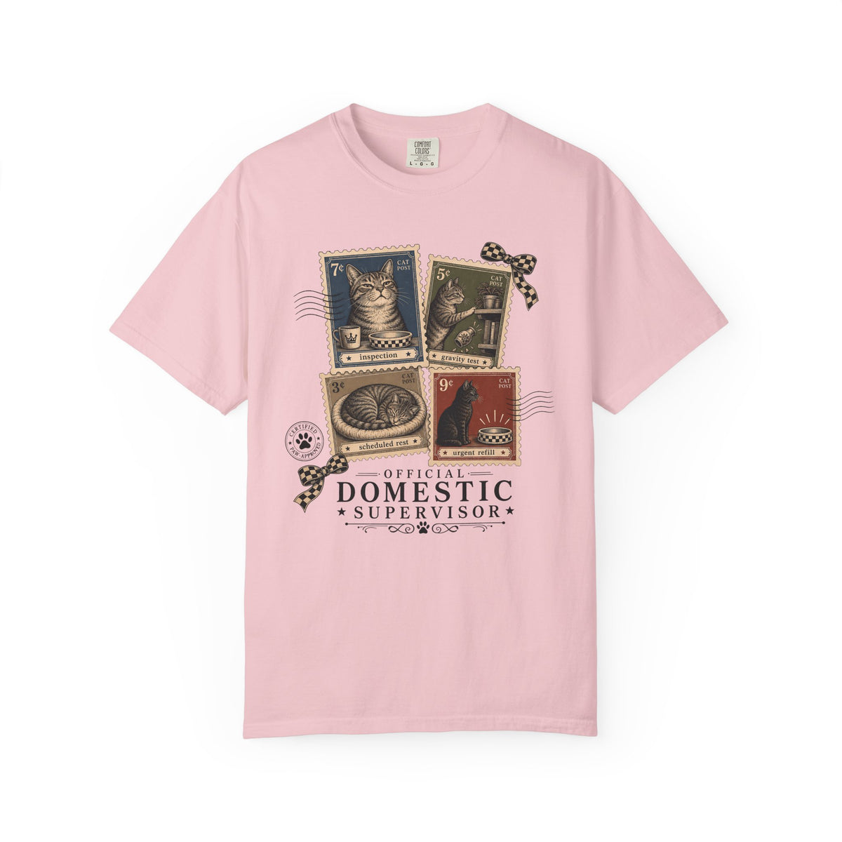 Domestic Supervisor Cat T-Shirt — Vintage Stamp Cat Lover Tee