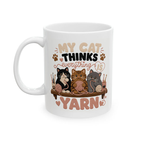 Cat Mom Ceramic Mug — Cozy Coffee Tea Cup with Cats, Yarn & Paw Prints